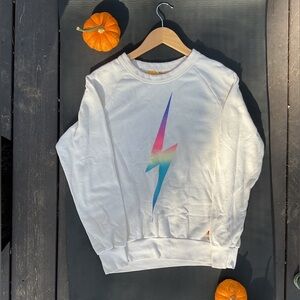 Aviator Nation White Sweatshirt with Rainbow Lightning Bolt